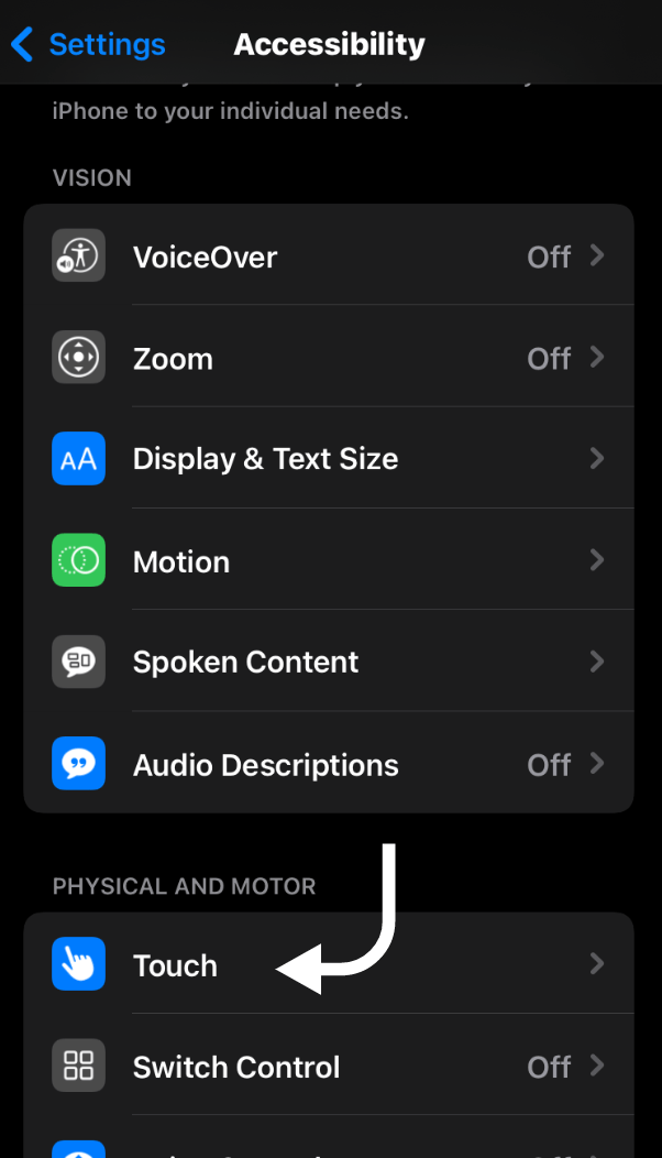 tap on the touch option in accessibility