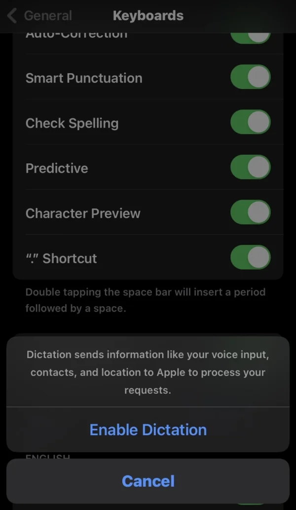 Tap on the enable dictation option