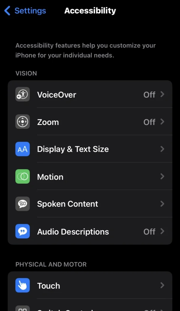 tap on the display text size options