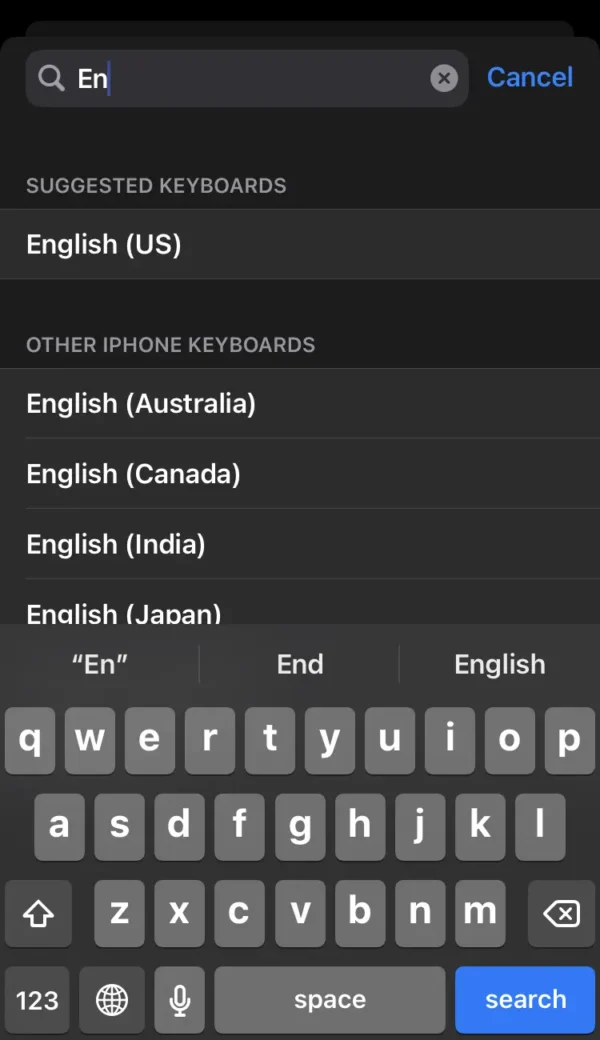 type any country language in the search bar