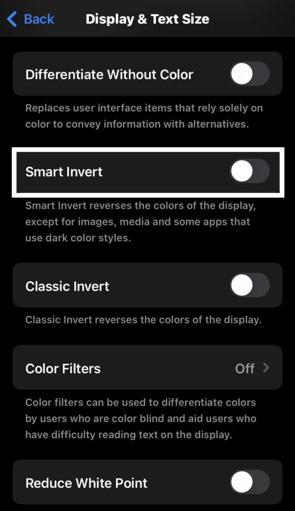 toggle the smart invert switch from left to right