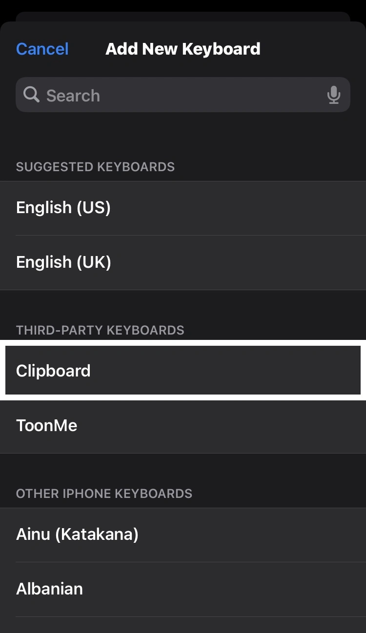 choose the Clipboard in add new keyboard option