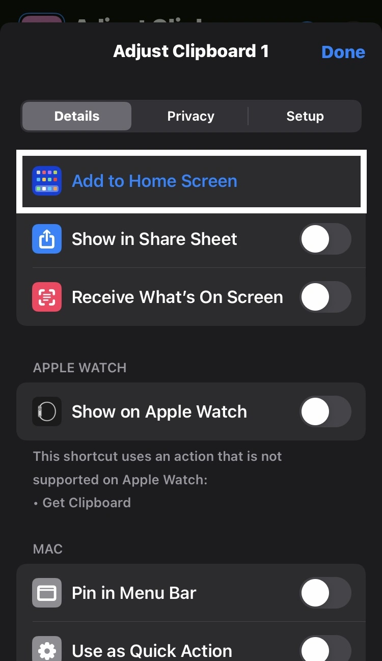 enable the Add To Home Button switch