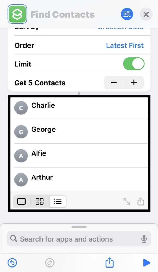 recently added contacts showing on iPhone in the shortcut app