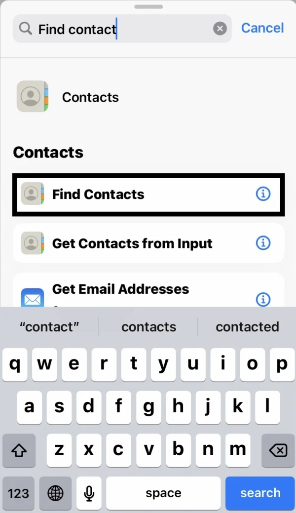 search for the Find Contact shortcut in the Search Bar