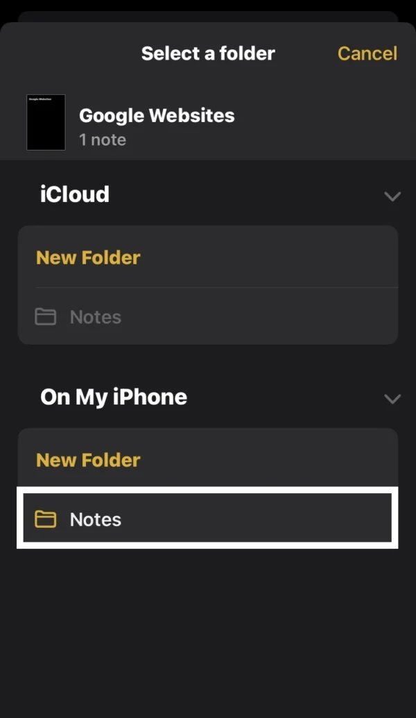 select the phone Notes Folder