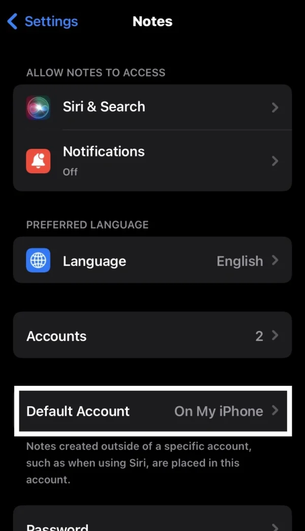 tap on the Default Account option