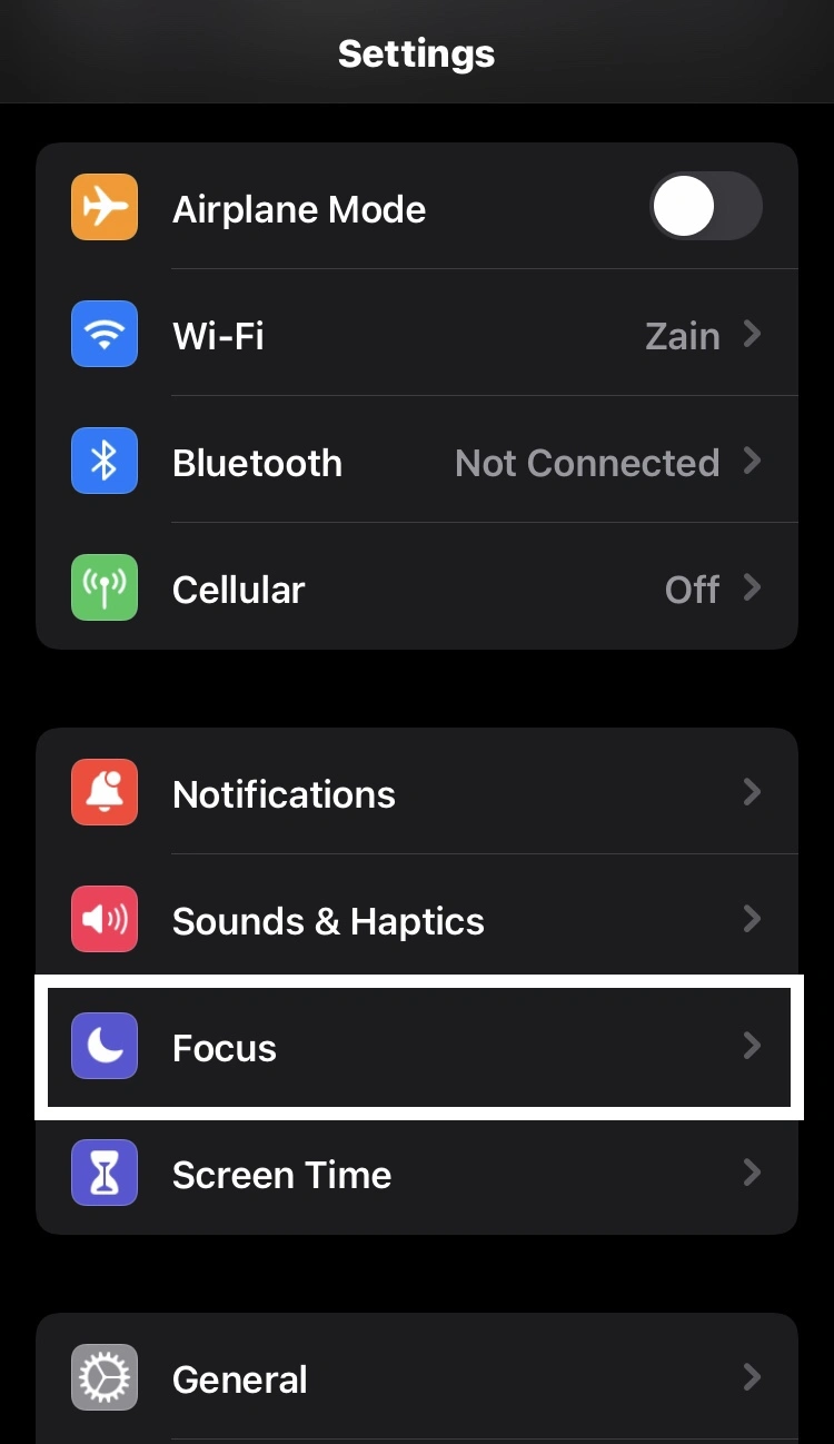 find and select Focus Do Not Disturb Mode option