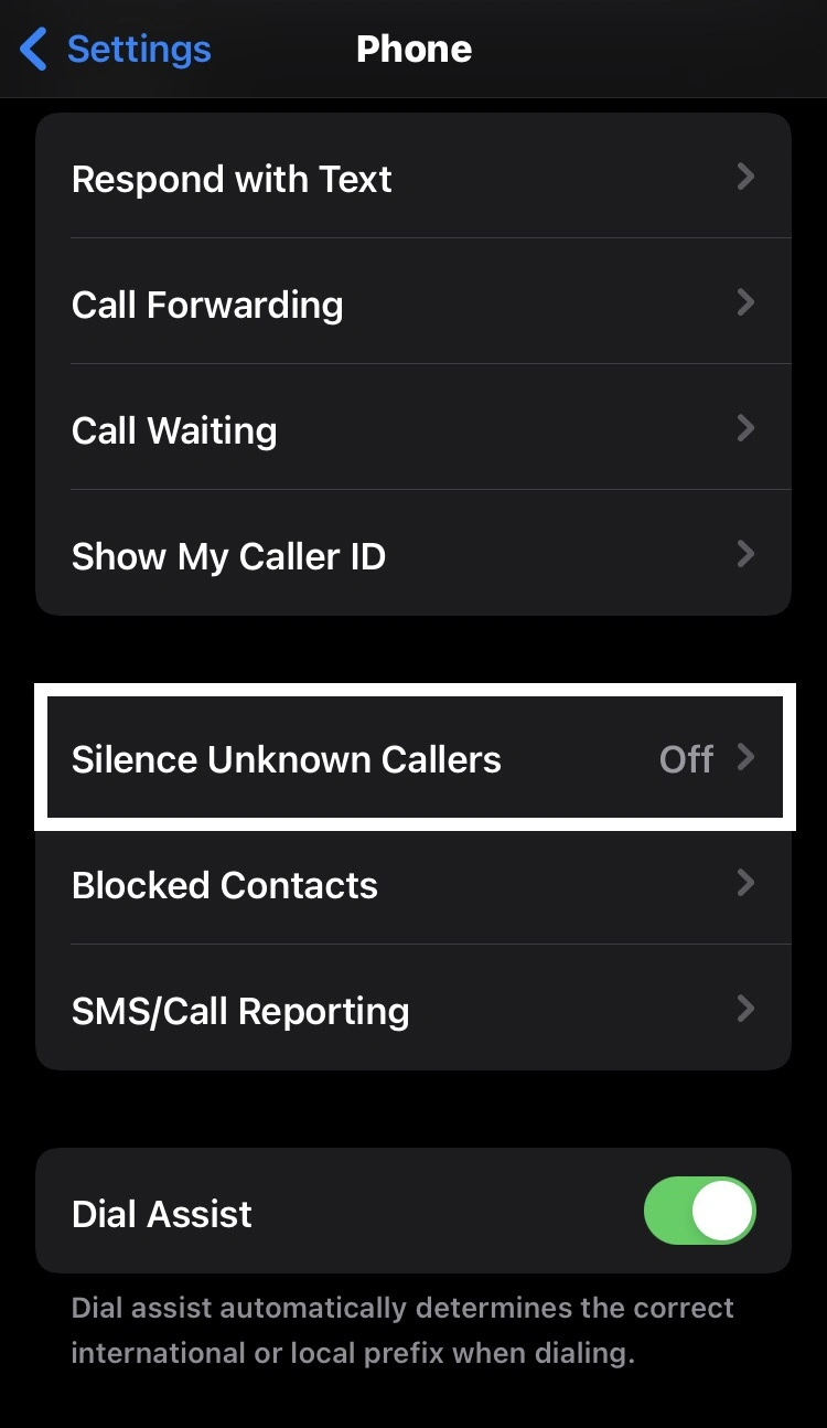 find and select the Silence Unknown Caller option